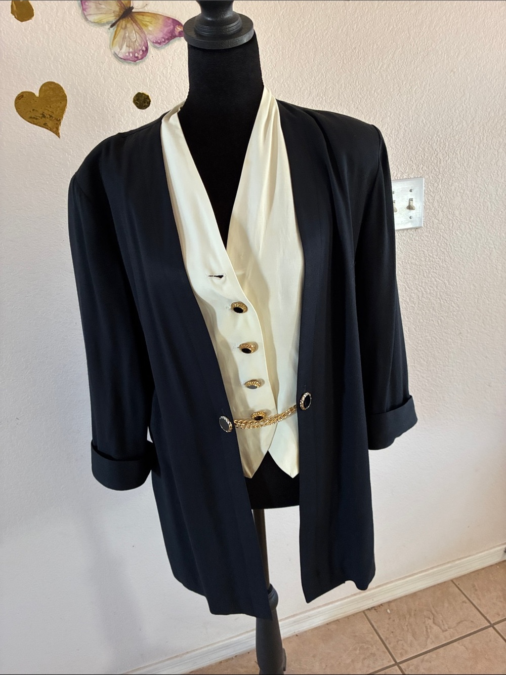 Black Open-Front Jacket with Cream Vest Detail